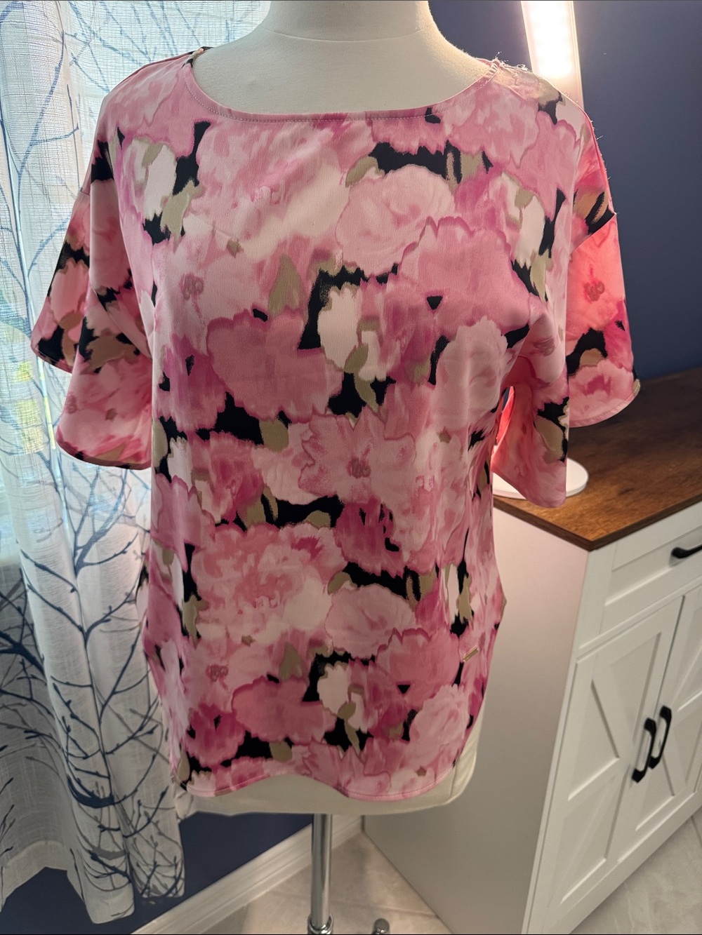 Anne Klein - Women's Pink Floral Short-Sleeve Blouse